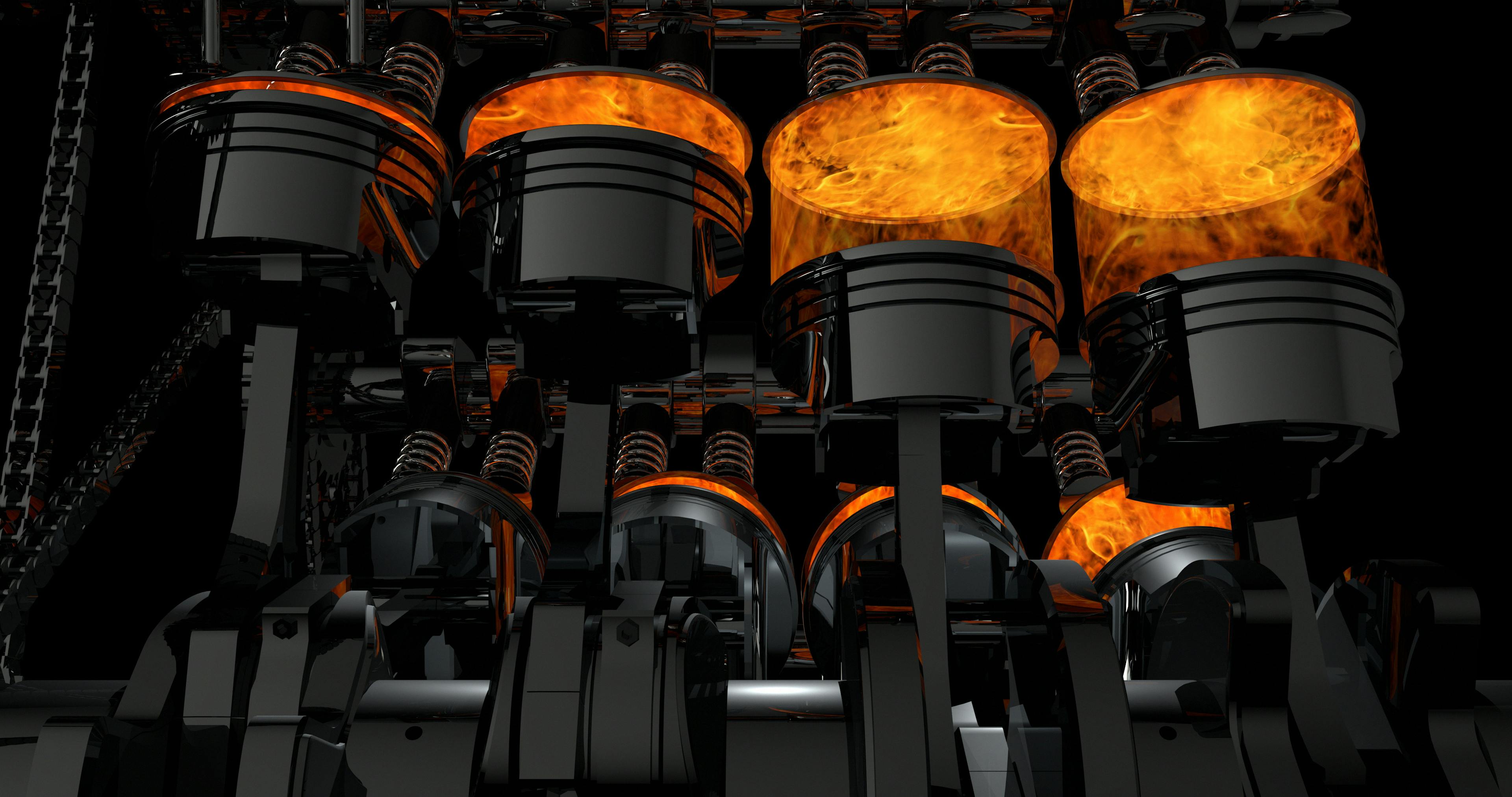 Modello 3D di un motore V8 funzionante. Pistoni e altre parti meccaniche sono in movimento.